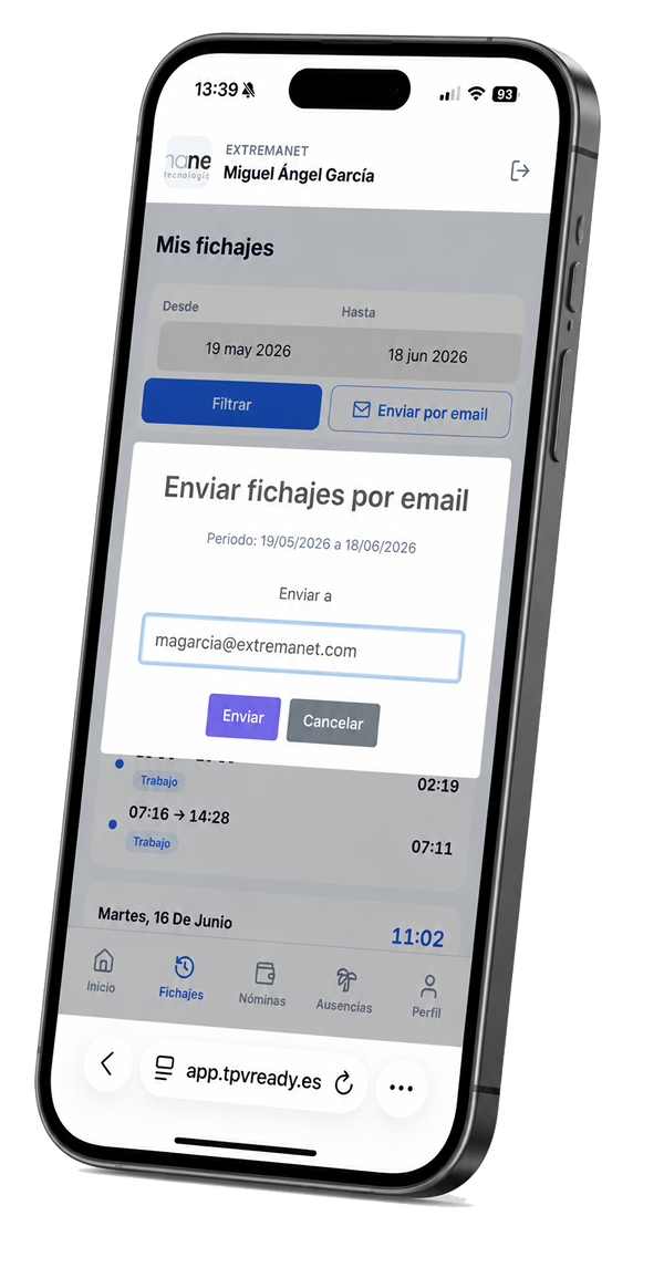 Envío de fichajes por email en TPVReady